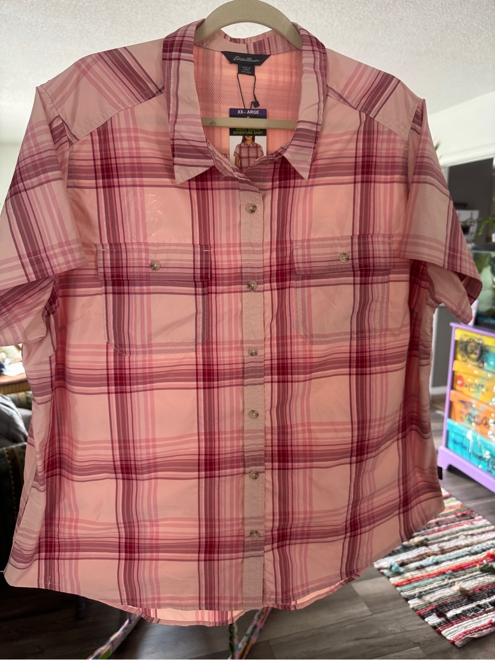 Eddie Bauer NWT Pink Plaid Short Sleeve Adventure Shirt XXL/2X